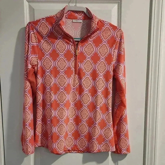 Cabana Life Tops - CABANA LIFE -  Coral Geo Sport Zip Polo Long Sleeve Rash Guard